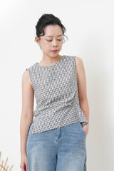 Navy checked vest w/ waist pleats details
