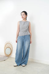 Navy checked vest w/ waist pleats details