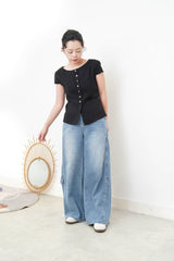 Black elegant fine cut linen blouse w/ thin belt