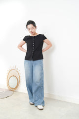 Black elegant fine cut linen blouse w/ thin belt