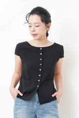 Black elegant fine cut linen blouse w/ thin belt