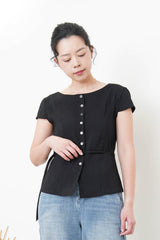 Black elegant fine cut linen blouse w/ thin belt