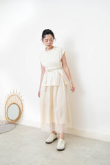 Cream split hem vest w/ gather waist details