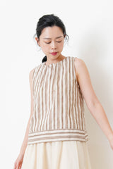 Green stripes linen vest w/ gather collar