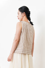 Green stripes linen vest w/ gather collar