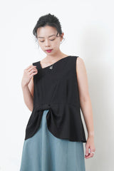 Milk tea ribbon hem vest w/ asy. Collar
