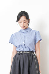 Blue checked blouse w/ pleats collar