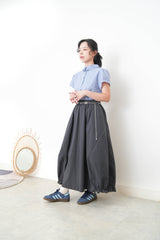 Blue checked blouse w/ pleats collar