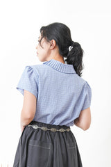 Blue checked blouse w/ pleats collar