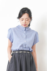 Blue checked blouse w/ pleats collar