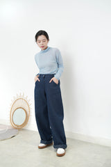 Navy pattern texture wide leg jeans