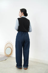 Navy pattern texture wide leg jeans