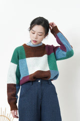 Wine mixed square pattern sweater