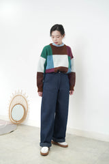 Wine mixed square pattern sweater