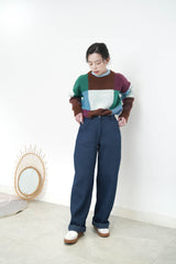 Navy pattern texture wide leg jeans