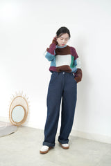 Navy pattern texture wide leg jeans