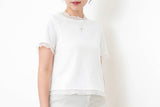White texture top w/ mesh ruffle trimming
