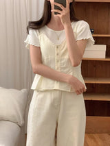 Light yellow buttons cami w/ lace v neck