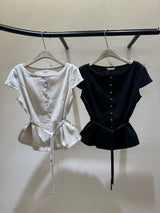 Black elegant fine cut linen blouse w/ thin belt