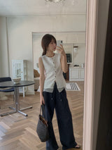 White 2 ways double layering linen vest w/ string
