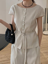 Beige elegant fine cut linen blouse w/ thin belt