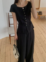 Black elegant fine cut linen blouse w/ thin belt