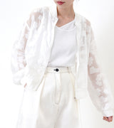 White bomber jacket in sheer floral pattern