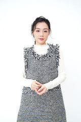B/W houndstooth pattern dress w/ fringe
