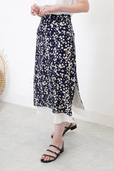 Navy floral print skirt in layering hem