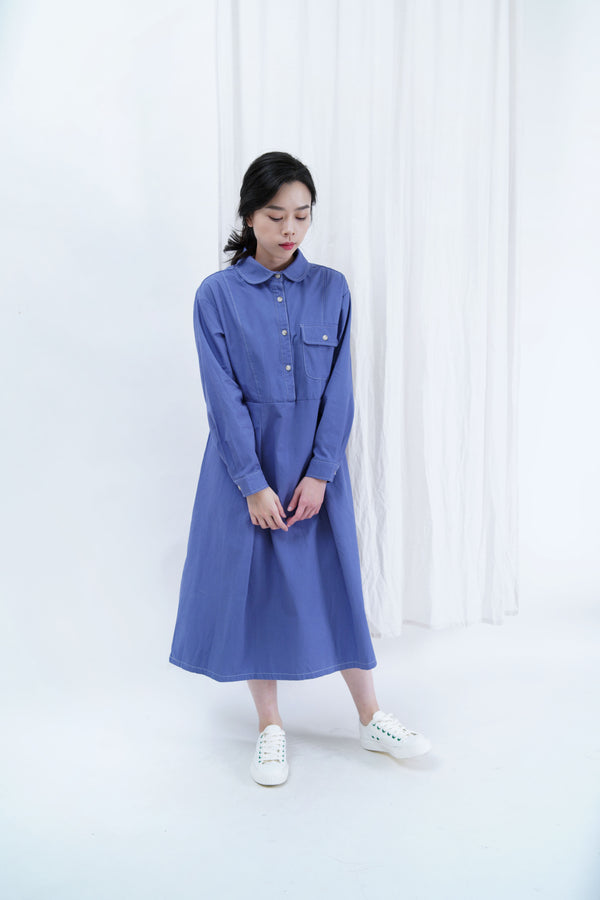 Blue outlined dress in round collar