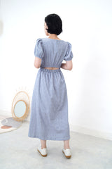 Blue checked dress in open back