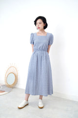 Blue checked dress in open back
