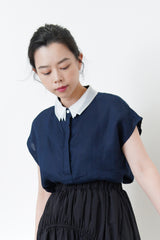 Navy linen vest w/ chiffon layer collar