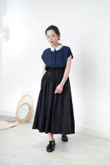 Navy linen vest w/ chiffon layer collar