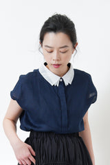 Navy linen vest w/ chiffon layer collar