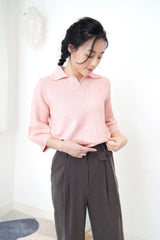 Pink knit polo top in 3D sleeves