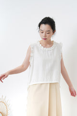 White linen ruffle vest w/ strings
