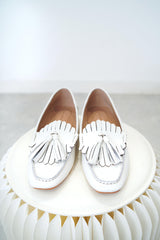 White fringe leather loafer