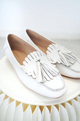 White fringe leather loafer