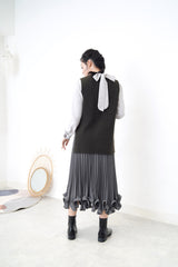 Grey shirt blouse w/ stand collar ribbon