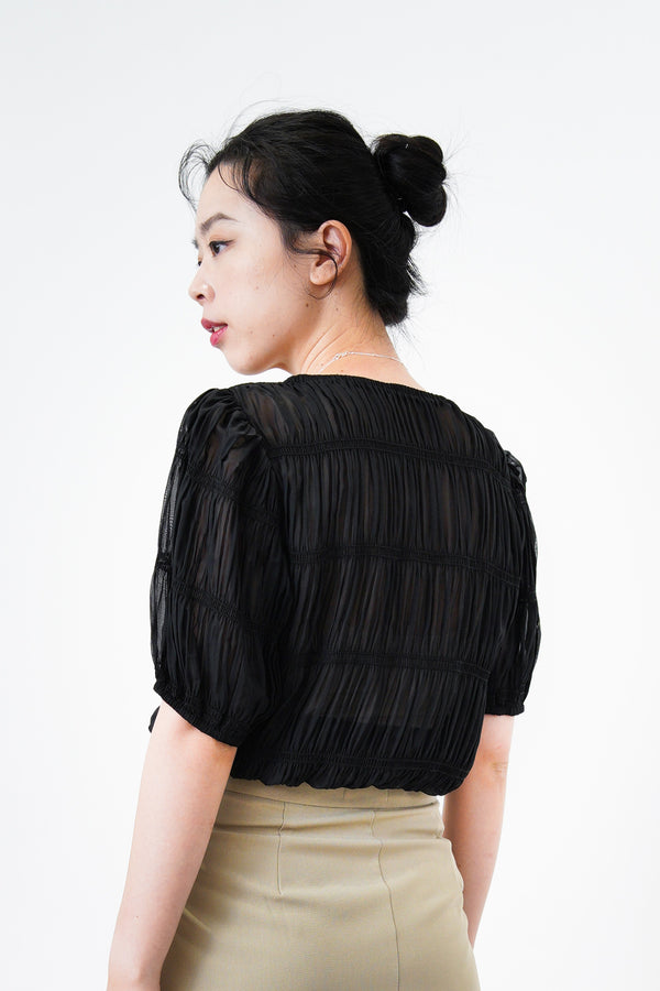 Black sheer texture blouse in elastic waist