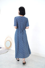 Navy v neck floral dress w/ waist string