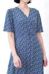 Navy v neck floral dress w/ waist string