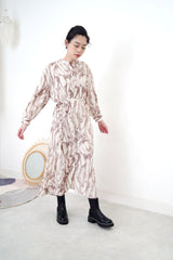Brown stand collar shirt dress in marble print