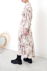 Brown stand collar shirt dress in marble print