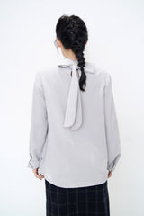 Grey shirt blouse w/ stand collar ribbon