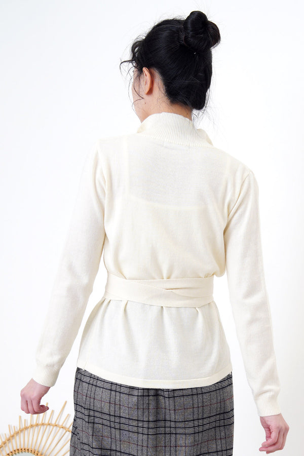 Ivory thin tie waist knit cardigan