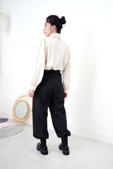 Charcoal grey trousers in double waist straps