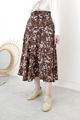 Brown flare cut skirt in floral print