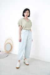 Green v neck blouse in elastic sleeves